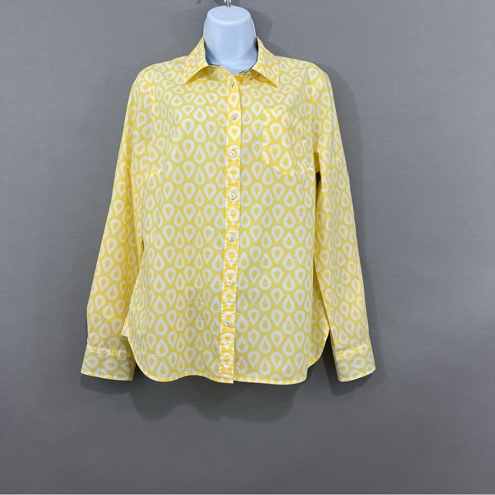 Talbots Yellow Print Button Front Roll Tab Sleeve… - image 1
